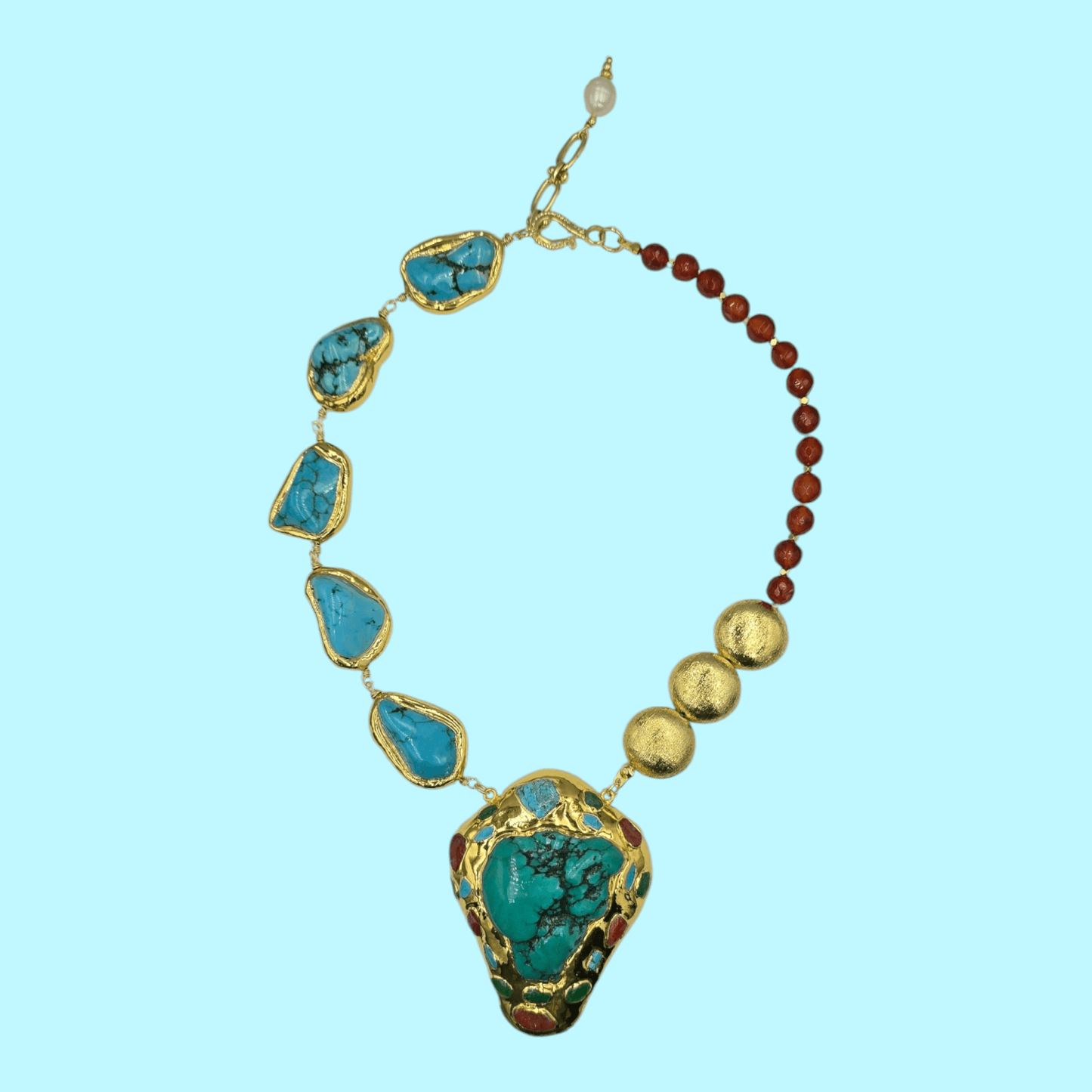 Statement Necklace with Natural Turquoise Pendant and Carnelian Beads