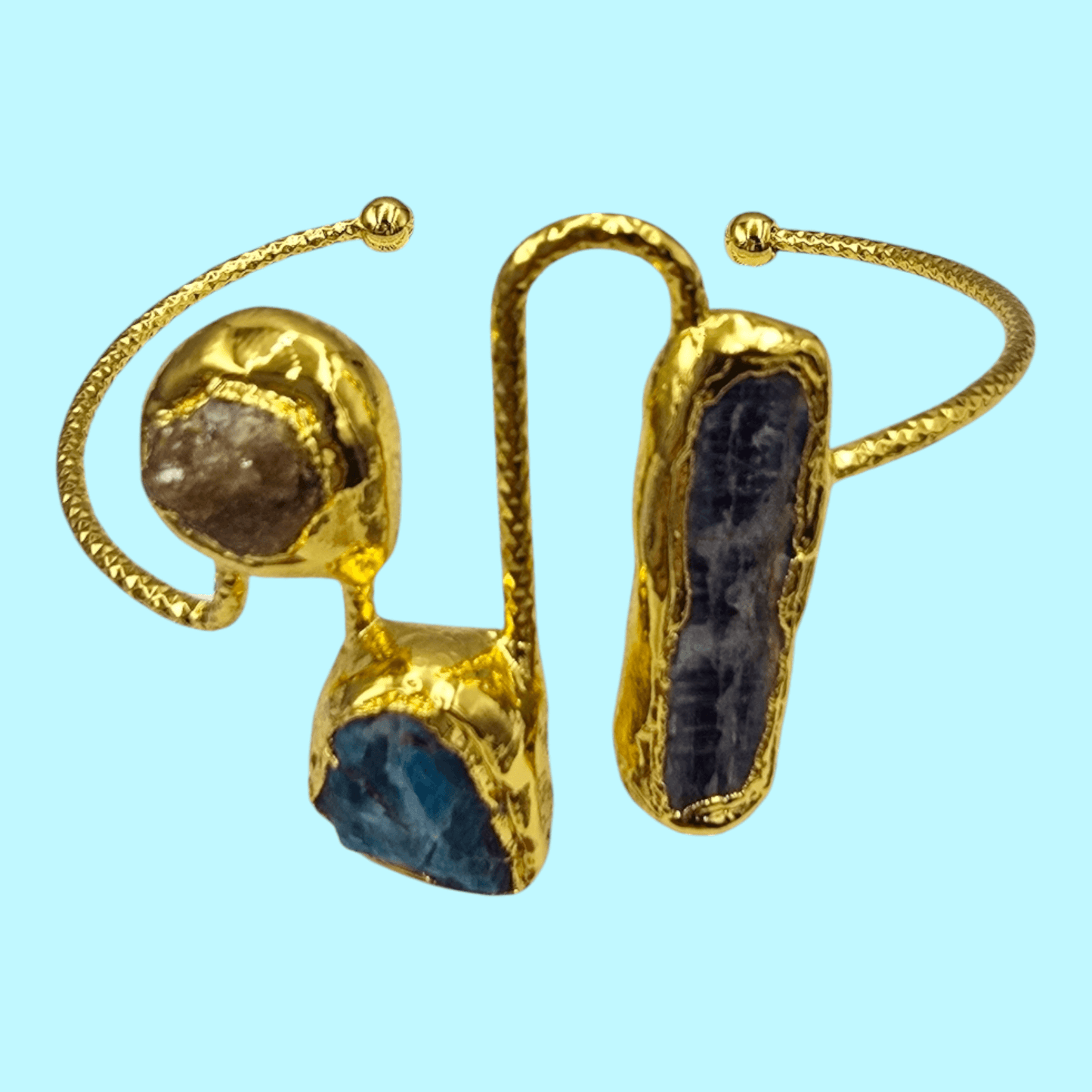 Gold Plated Stainless Steel Bangle with Blue Kyanite, Apatite, and Tourmaline Raw Beads