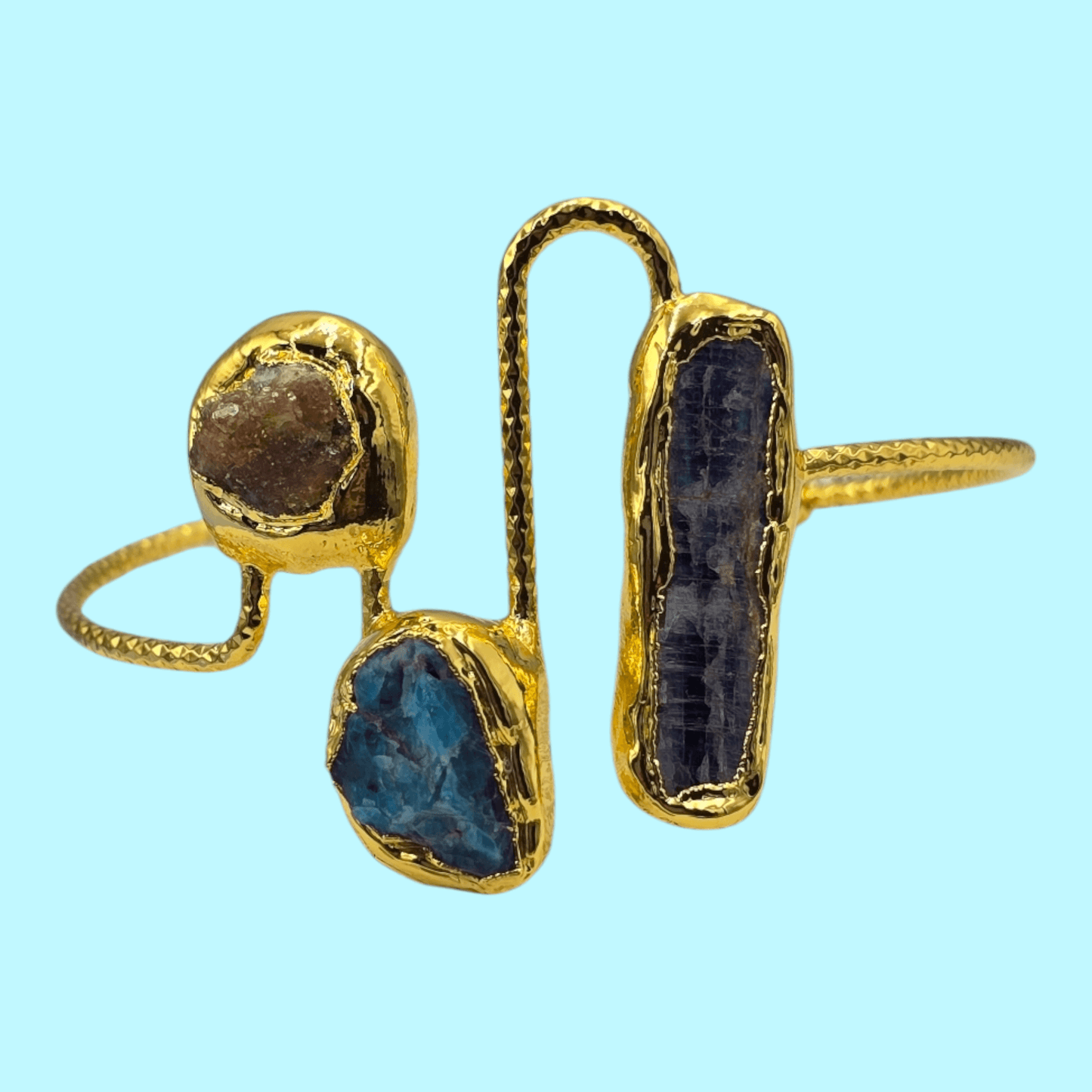 Gold Plated Stainless Steel Bangle with Blue Kyanite, Apatite, and Tourmaline Raw Beads