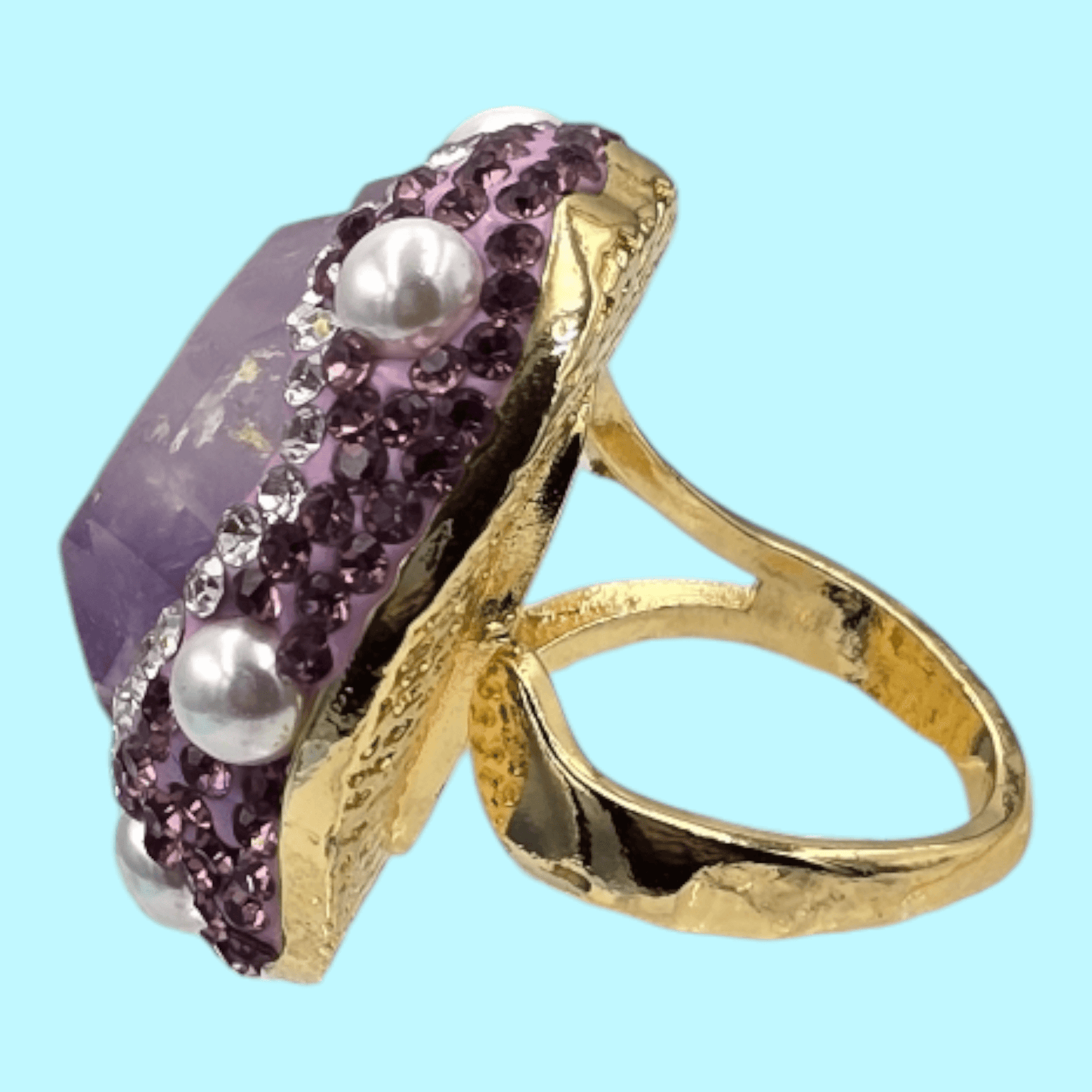 Luxurious Gold Plated Amethyst Ring with Austrian Crystals and Pearls