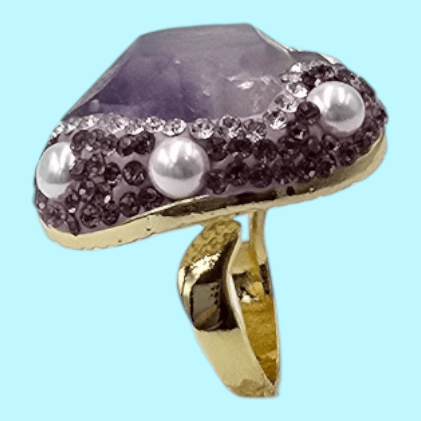 Luxurious Gold Plated Amethyst Ring with Austrian Crystals and Pearls