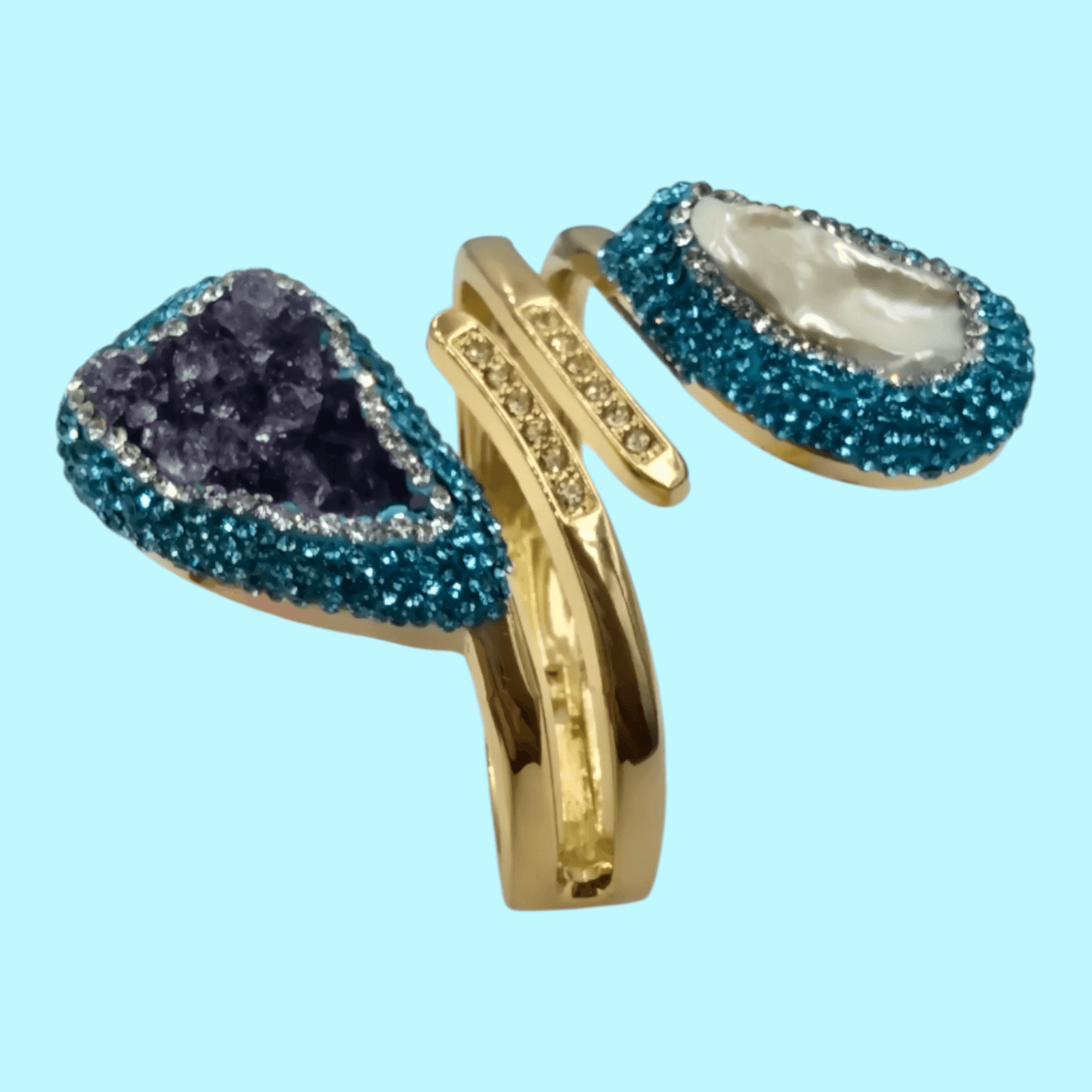 Gold Plated Baroque Pearl and Amethyst Bangle with Light Blue Austrian Crystal Beads