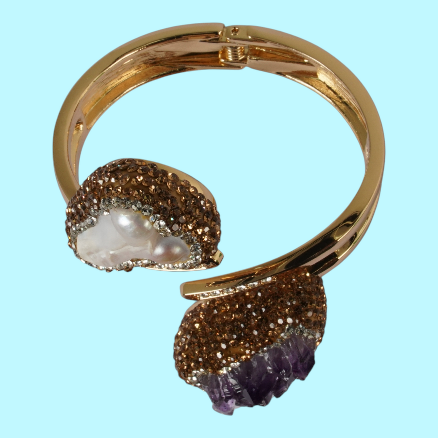 Elegant   Bangle with Baroque Pearl, Raw Amethyst, and gold  Austrian Crystals