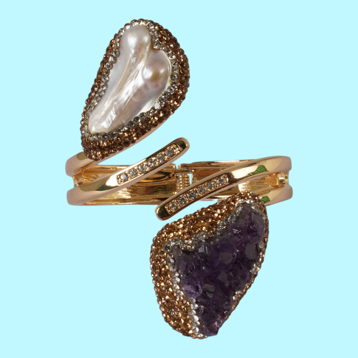 Elegant   Bangle with Baroque Pearl, Raw Amethyst, and gold  Austrian Crystals